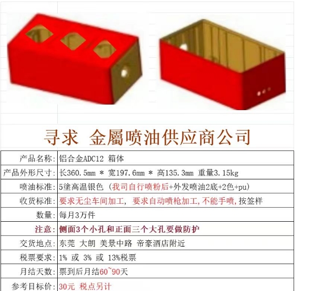 寻求金属喷油加工厂，月需求3万件，材质是铝合金ADC12的箱体。规格大概